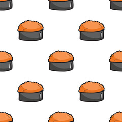a repeating pattern of cartoon-style ikura nigiri sushi on a white background. Each piece features orange salmon roe atop light gray rice, wrapped in dark gray nori with black outlines