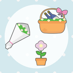 A vector illustration shows a gift basket with blue bottles and a pink bow, a bouquet of white and yellow flowers in a white wrap, and a potted light purple flower