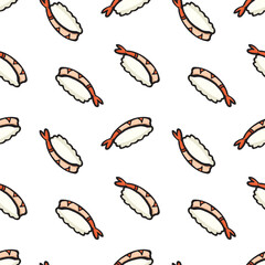 Repeating or seamless pattern of cartoon shrimp nigiri sushi on a white background