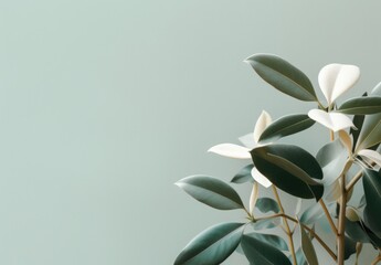 Minimalist WHITE pale leaves on a pale flat background wall — Plants and Leaves — interior design graphic resource with film grain realism — WHITE, GREEN, SIMPLE, GREY — Realistic renders
