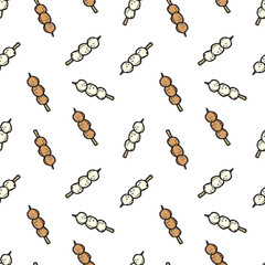Cute hand-drawn seamless pattern featuring stylized meatballs on sticks against a white background