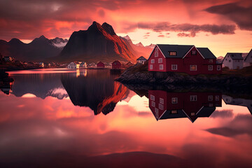 Pink sunset over the typical norway red houses, reflection in water. Generative AI  - obrazy, fototapety, plakaty