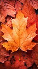 AI generated, a close up photo of a reddish autumn leaf with blank space for text, vertical form, vibrant stage backdrops, gold and crimson.