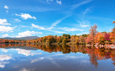 View of Price Lake in Julian Price Park on Blue Ridge Parkway near Blowing Rock, North Carolina in...