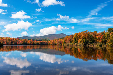 View of Price Lake in Julian Price Park on Blue Ridge Parkway near Blowing Rock, North Carolina in...