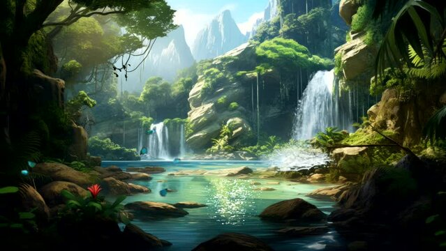 Waterfall in deep forest video, with river, tree, pure water, amazing view nature background 