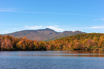 View of Price Lake in Julian Price Park on Blue Ridge Parkway near Blowing Rock, North Carolina in fall season.