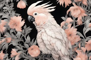 peach fluffy cockatoo inlay black flowers, animalism, hyper detail, high resolution, darc botanical faberge, aesthetic, beautiful, realistic, Chinese watercolor style drawing,generative ai