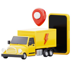 Truck delivery truck deliver express with map pointer symbol and mobile phone 3d illustration isolated on transparent background