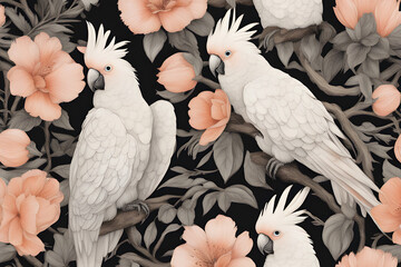 peach fluffy cockatoo inlay black flowers, animalism, hyper detail, high resolution, darc botanical faberge, aesthetic, beautiful, realistic, Chinese watercolor style drawing,generative ai