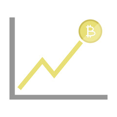 Upward trending yellow line graph ending at a Bitcoin symbol on a gray axis