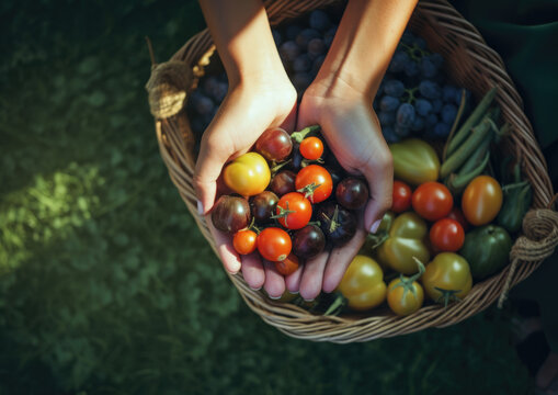Woman's hands holding a lush wicker basket overflowing with fruit and vegetables