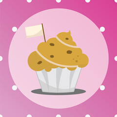 brown cupcake with flag and chocolate chip cartoon object, vector illustration