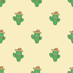 cactus wearing a hat cartoon object for kids seamless pattern