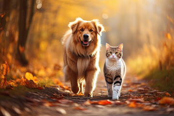 Cat and dog walking together in an autumn park