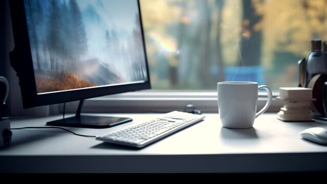coffee cup and computer on table, working concept for business at home
