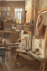 Old European style painters atelier. An artist's atelier, craft room, with brick interior. Canvas, paint brushes, by a window with  warm light. Generative AI