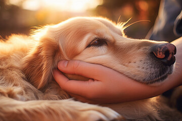 Close-up of a man's hand stroking happy dog outdoors