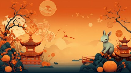 3D Mooncake Festival with cloud, lotus flowers and leaves, and rabbits.Concept Art Scenery. Book Illustration. Video Game Scene. Serious Digital Painting. CG Artwork Background. Generative AI.