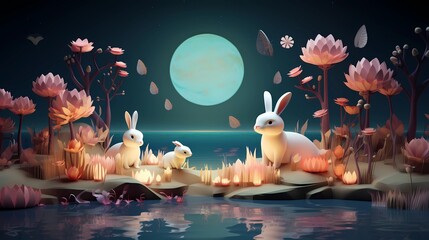 3D Mooncake Festival with cloud, lotus flowers and leaves, and rabbits.Concept Art Scenery. Book Illustration. Video Game Scene. Serious Digital Painting. CG Artwork Background. Generative AI. - 638264314