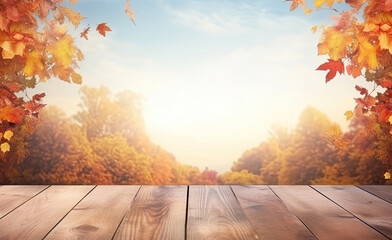 Naklejka na ściany i meble Empty wooden table with autumn trees and sky background