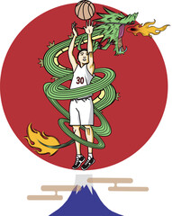 龍のように3Pシュートを決めるバスケットボール選手