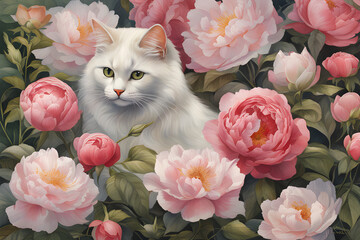 Passarinho brincando com Gato, rosas e peônias, arte inspirada em Margaret Mee, Watercolor, trending on artstation, sharp focus, studio photo, intricate details, highly detailed, ,generative ai