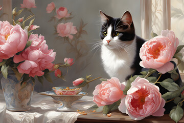Passarinho brincando com Gato, rosas e peônias, arte inspirada em Margaret Mee, Watercolor, trending on artstation, sharp focus, studio photo, intricate details, highly detailed, ,generative ai