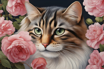 Passarinho brincando com Gato, rosas e peônias, arte inspirada em Margaret Mee, Watercolor, trending on artstation, sharp focus, studio photo, intricate details, highly detailed, ,generative ai