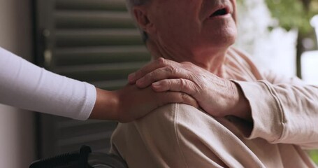 Old man in wheelchair, caregiver or holding hands for hope or support in healthcare or nursing home. Closeup, trust or nurse with senior patient or elderly person with a disability with kindness - Powered by Adobe