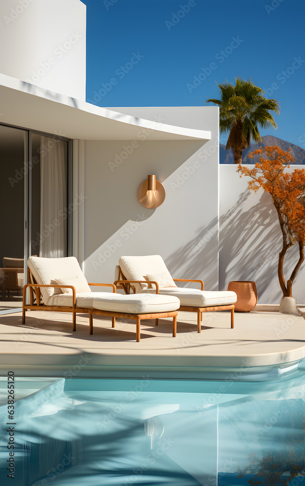 Poster Modern home with swimming pool or Luxury private pool villa outdoor design with beach chairs, Palm Springs.