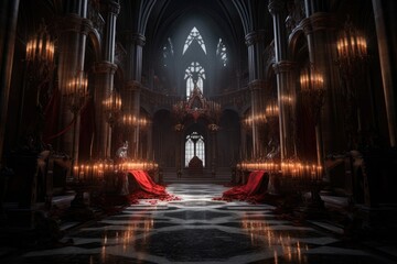 Gothic and regal scene set in an opulent vampire court. A grand hall with towering pillars and intricate architecture serves as the backdrop