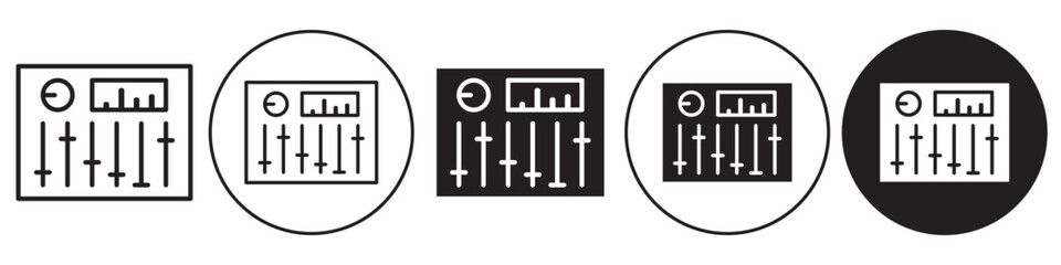 Sound mixer icon. Vector symbol of music sound system channel controller or regulator of equalizer panel with knob. Set collection of audio board console use by dj studio. Flat outline of fader slider