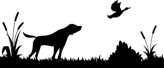 Hunting icon, hunt dog and duck silhouettes for open season and hunter club vector badge. Hunters club emblem for wild animals hunting season with dog on reeds field and duck for prey game
