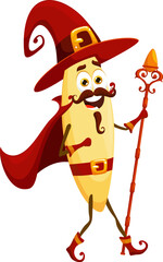 Cartoon orzo Halloween pasta wizard and witch, sorcerer and mage character. Vector italian food wiz with a magical touch, conjuring up delicious meals and enchanting flavors with a flick of the wrist.