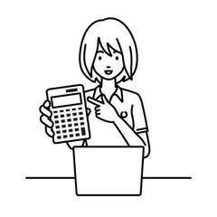 a woman in polo shirt recommending, proposing, showing estimates and pointing a calculator with a smile in front of laptop pc