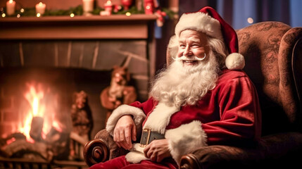 Santa Claus sitting in chair by the fireplace. Christmas and New Year concept. Home decoration. Generative Ai.