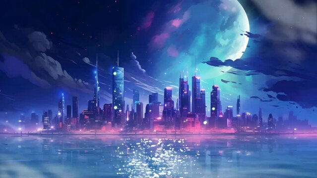 night city skyline landscape on neon style animation. Seamless loop 4k resolution