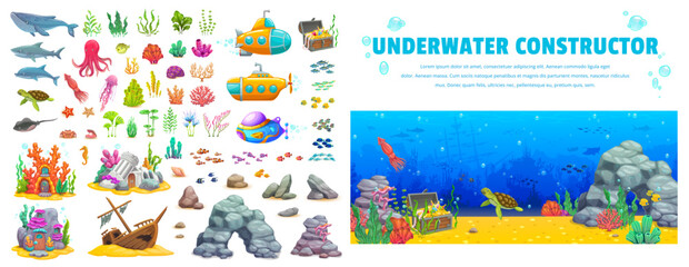 Underwater landscape constructor kit. Cartoon animals, seaweeds, submarines and fairytale houses. Vector tropical fish shoals, octopus, whale, shark and dolphin, treasure chest, sunken ship, rocks set - obrazy, fototapety, plakaty