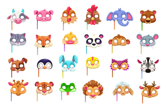 Cartoon carnival party animal masks. Vector cow, pig, chicken and rooster. Elephant, bear, cat and fox with duck or panda. Monkey, mouse, dog and penguin with rabbit or chick. Owl, zebra, giraffe