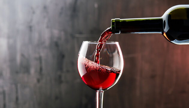 Red wine bottle pouring wine in a glass on a dark bar background, copy space