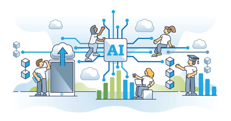 Evolution of data and technology for information research outline concept. Big data and artificial intelligence interaction for database management and analysis vector illustration. Tech development.