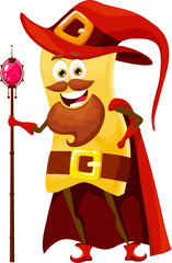 Cartoon Halloween korte tagliatelle pasta wizard character. Italian cuisine gourmet isolated vector warlock personage. Italian restaurant noodle sorcerer cheerful mascot or pasta mage with magic staff