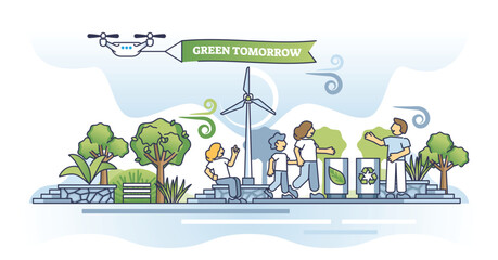 Environmental awareness and sustainability for green tomorrow outline concept. Ecological care with recyclable waste management and nature friendly or clean power consumption vector illustration. - obrazy, fototapety, plakaty