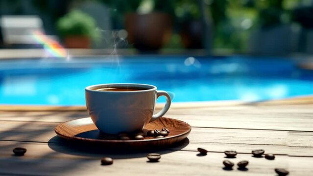 cup of coffee on the terrace with swimming poll background