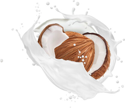Realistic white coconut milk or coconut oil splash flow for sweets or drink vector background. Coconut milk splashing wave with flowing drops for milkshake, ice cream or yogurt dessert package
