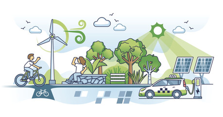 Future of green energy with recyclable clean power usage outline concept. Electrical vehicle charging station in urban environment as nature friendly solution for transportation vector illustration.