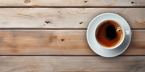 Cozy mornings with steaming cup of coffee. Wooden table set for breakfast delights. Rich aromas. Perfectly poured of espresso