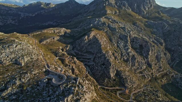 Breathtaking View Of Nus de sa Corbata Road At Coll dels Reis Rock Mountains With Mirador Coll de Reis In Mallorca, Spain. Aerial Drone Shot
