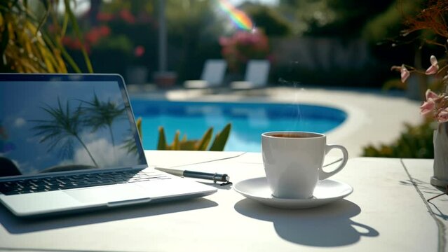 a laptop and a cup  coffee or tea on white table with swimming pool background  working business concept relax video